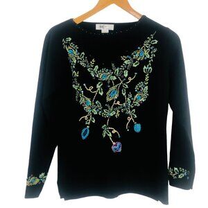 Vtg Kikit Women's Embroidered Knit Sweater Small Peacock Garland Beaded Sequins